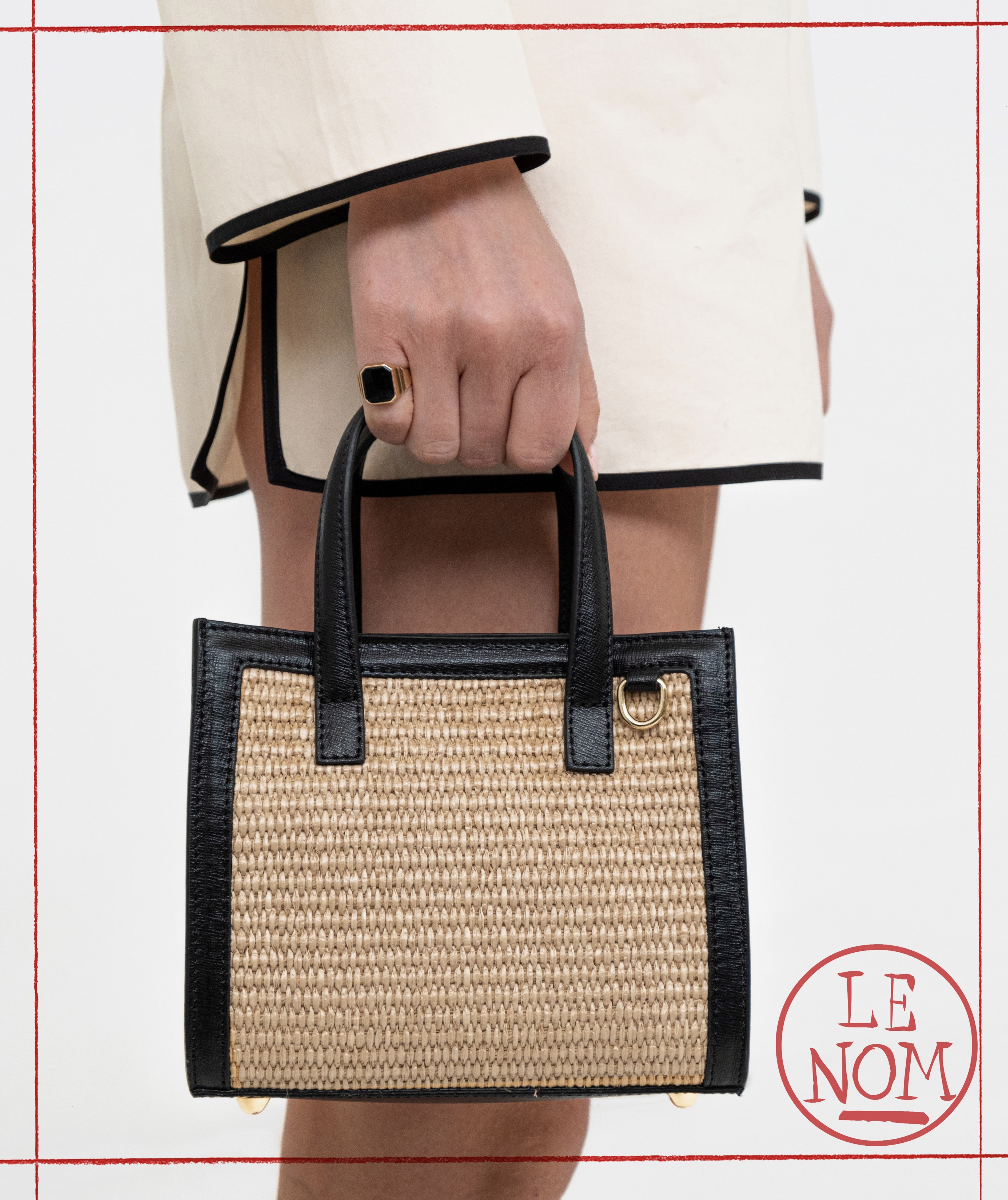 Mini Sophie raffia, black leather