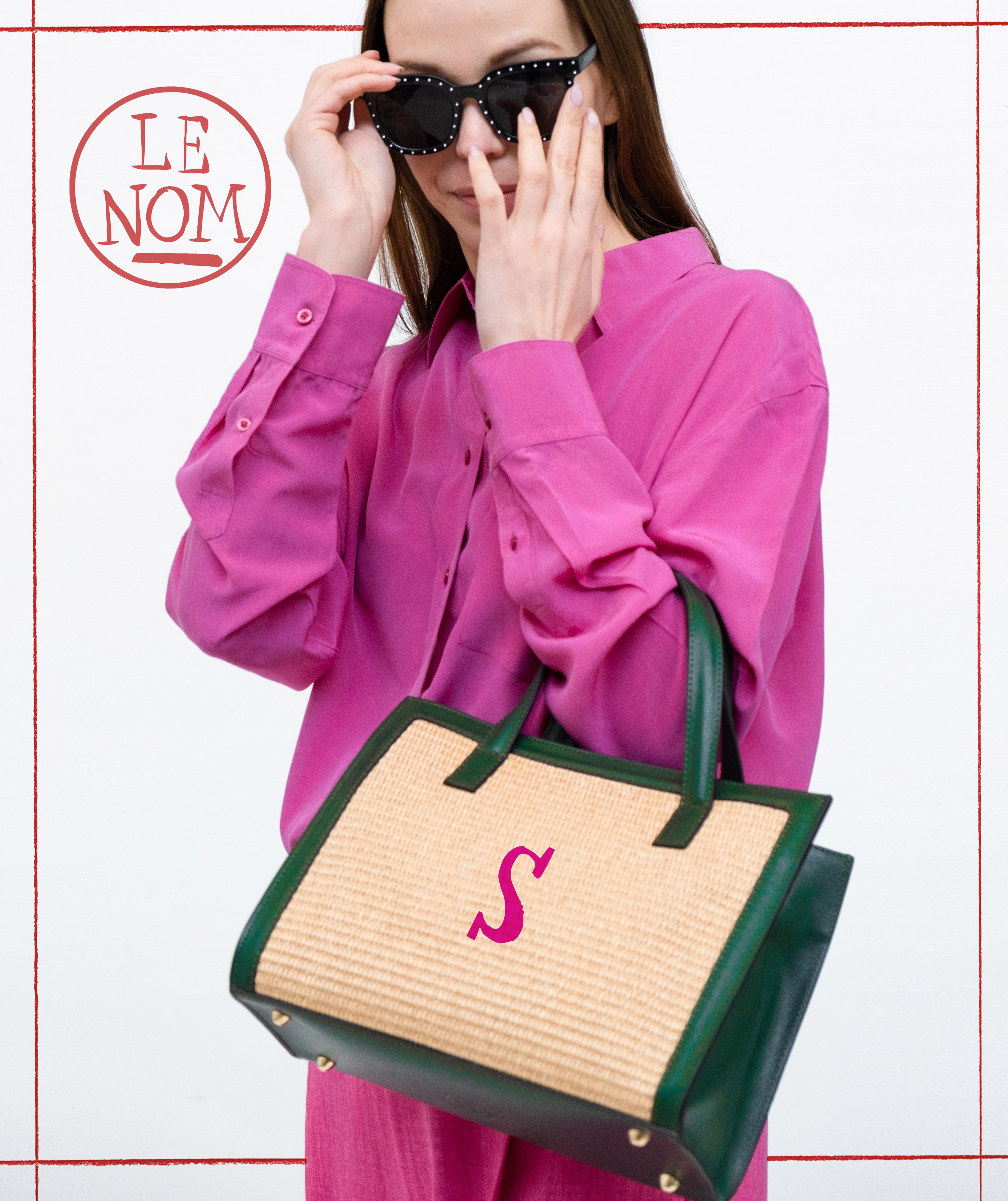 Sophie raffia, green leather