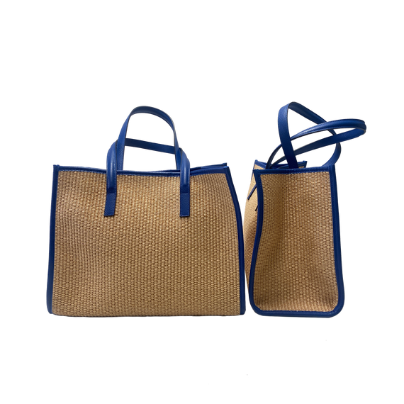 Camille raffia, blue leather