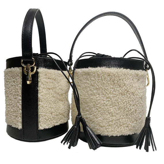 Angèle white shearling, black leather