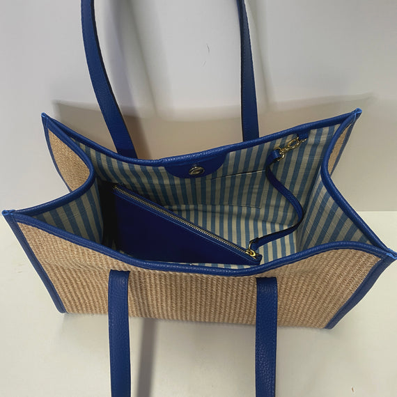 Camille raffia, blue leather